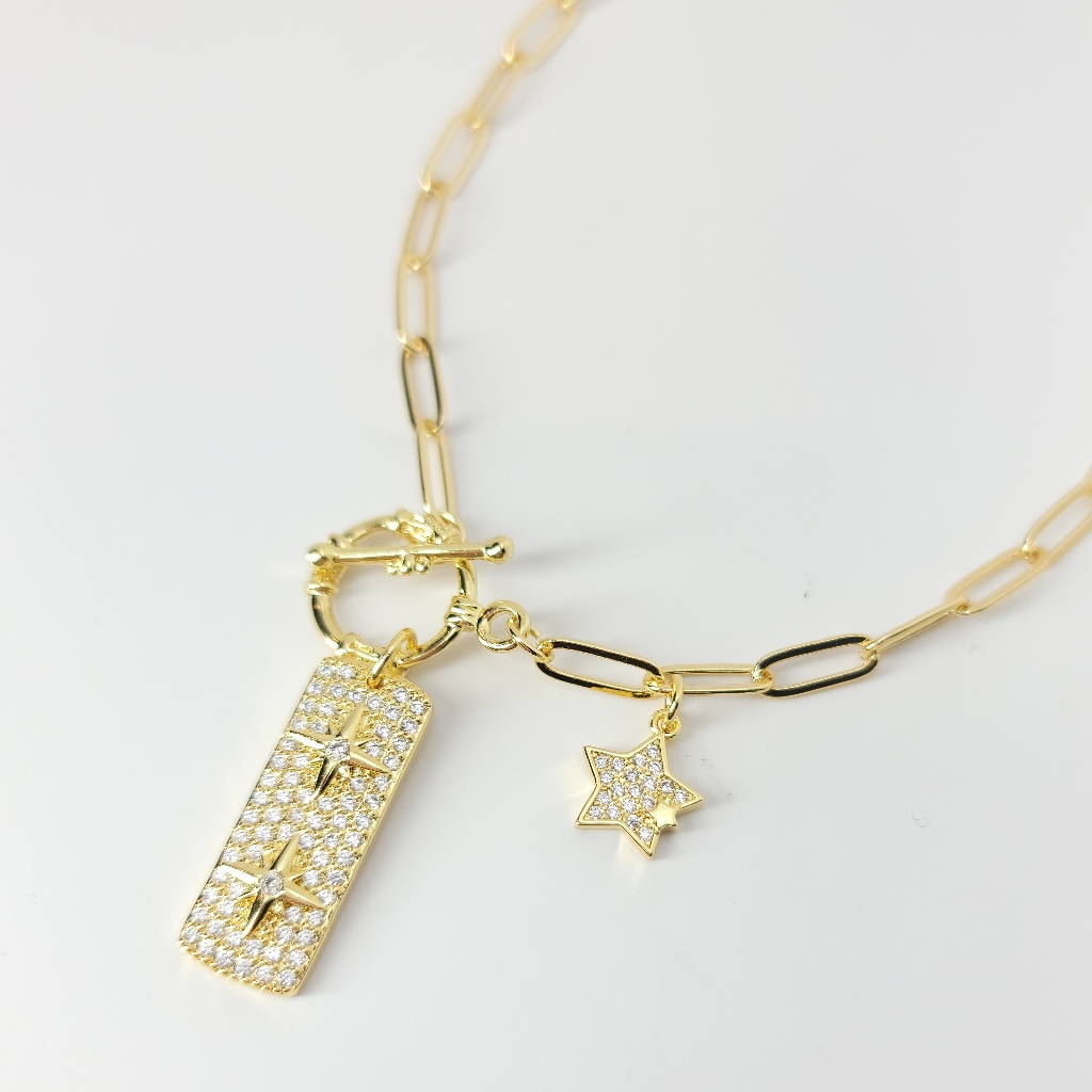 New Pave Cz Star Tag Toggle Choker Necklace New